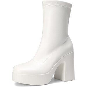 DREAM PAIRS Ankle Boots Women's White Leather High Chunky Block Heel Square Toe